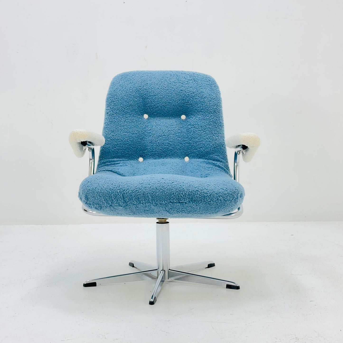 Mid century swivel desk chair with blue &white teddy fabric 1970s