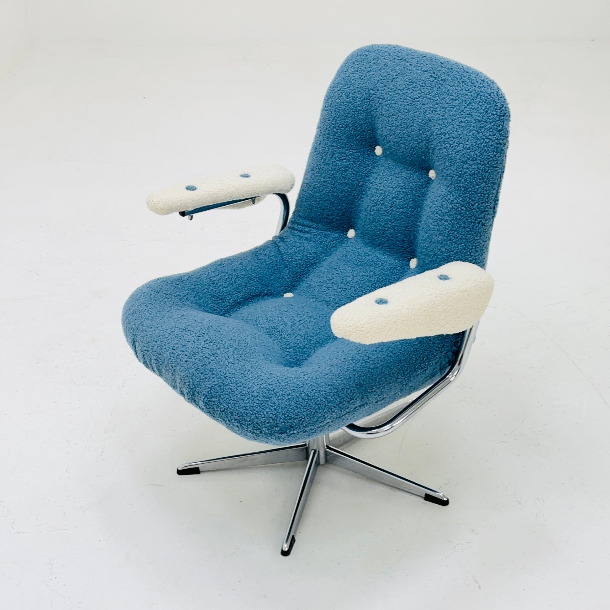 Mid century swivel desk chair with blue &white teddy fabric 1970s