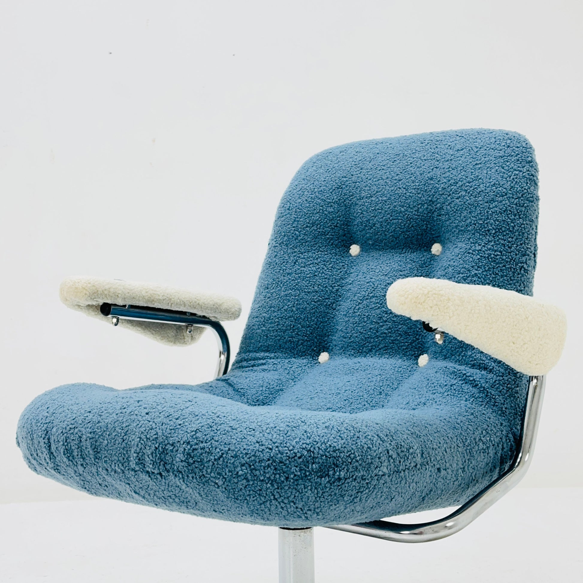 Mid century swivel desk chair with blue &white teddy fabric 1970s