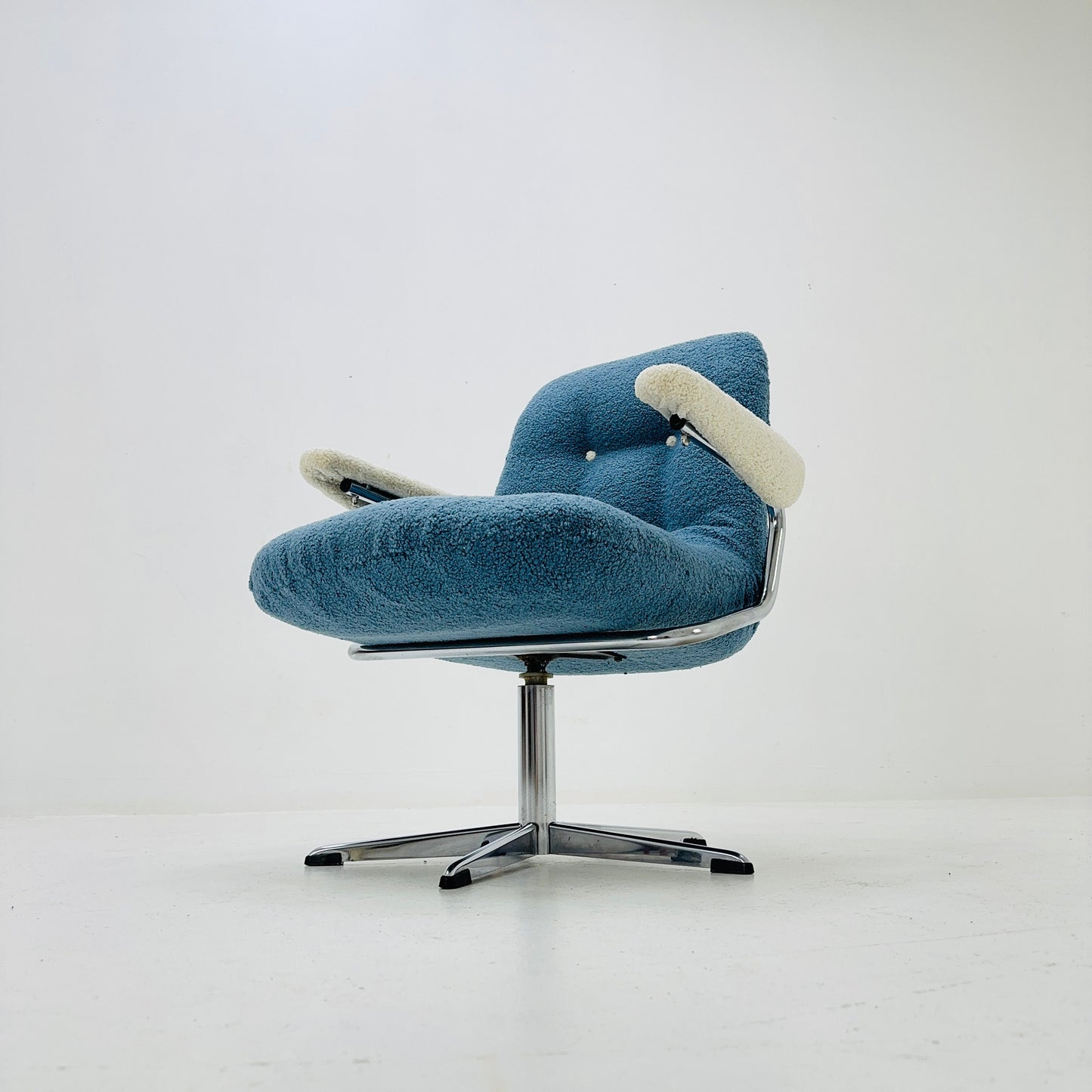 Mid century swivel desk chair with blue &white teddy fabric 1970s