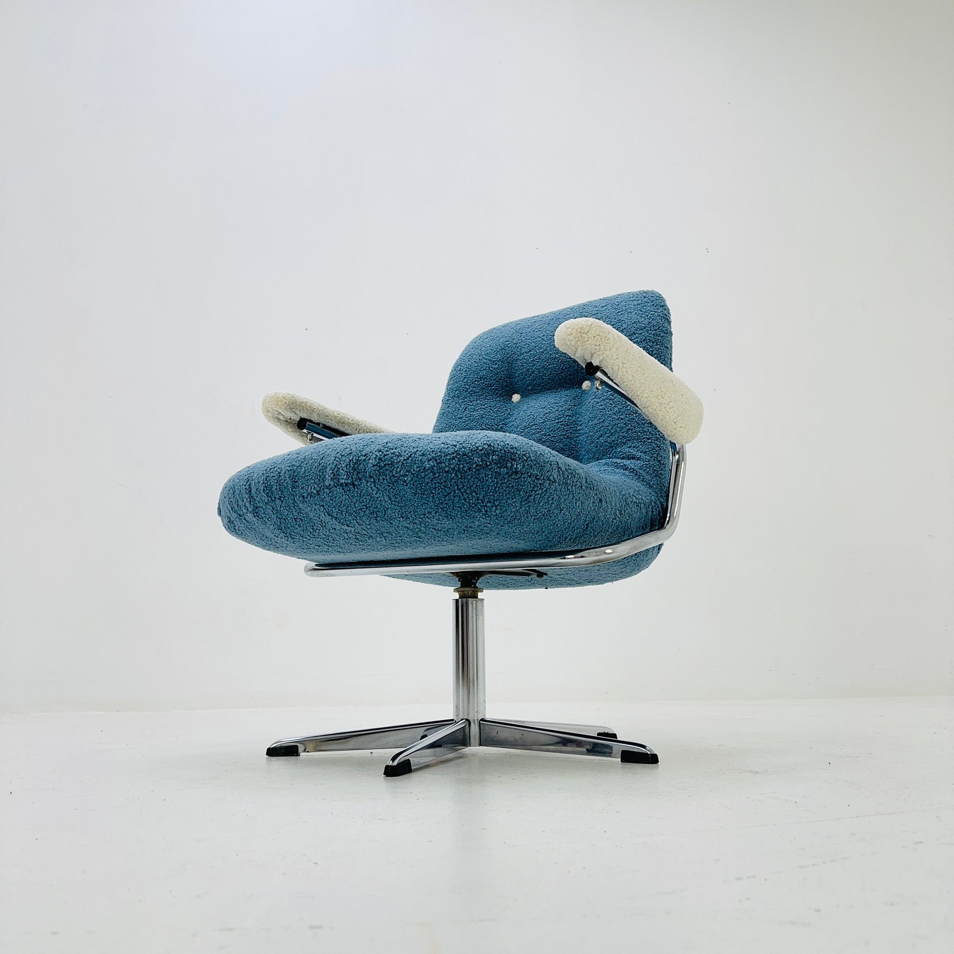Mid century swivel desk chair with blue &white teddy fabric 1970s