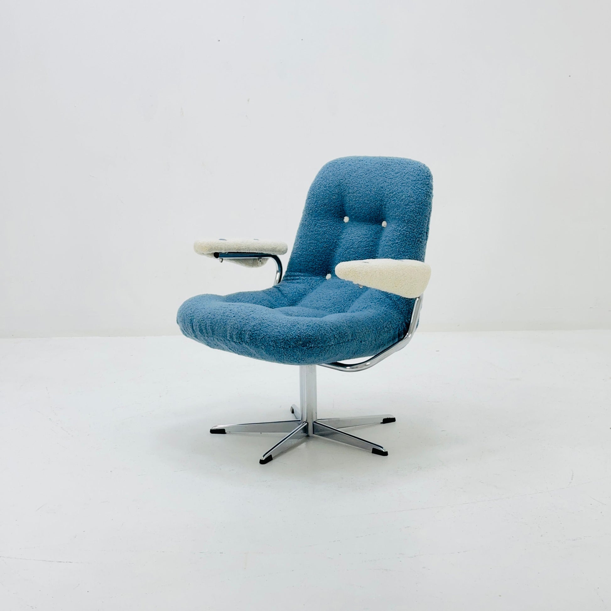 Mid century swivel desk chair with blue &white teddy fabric 1970s
