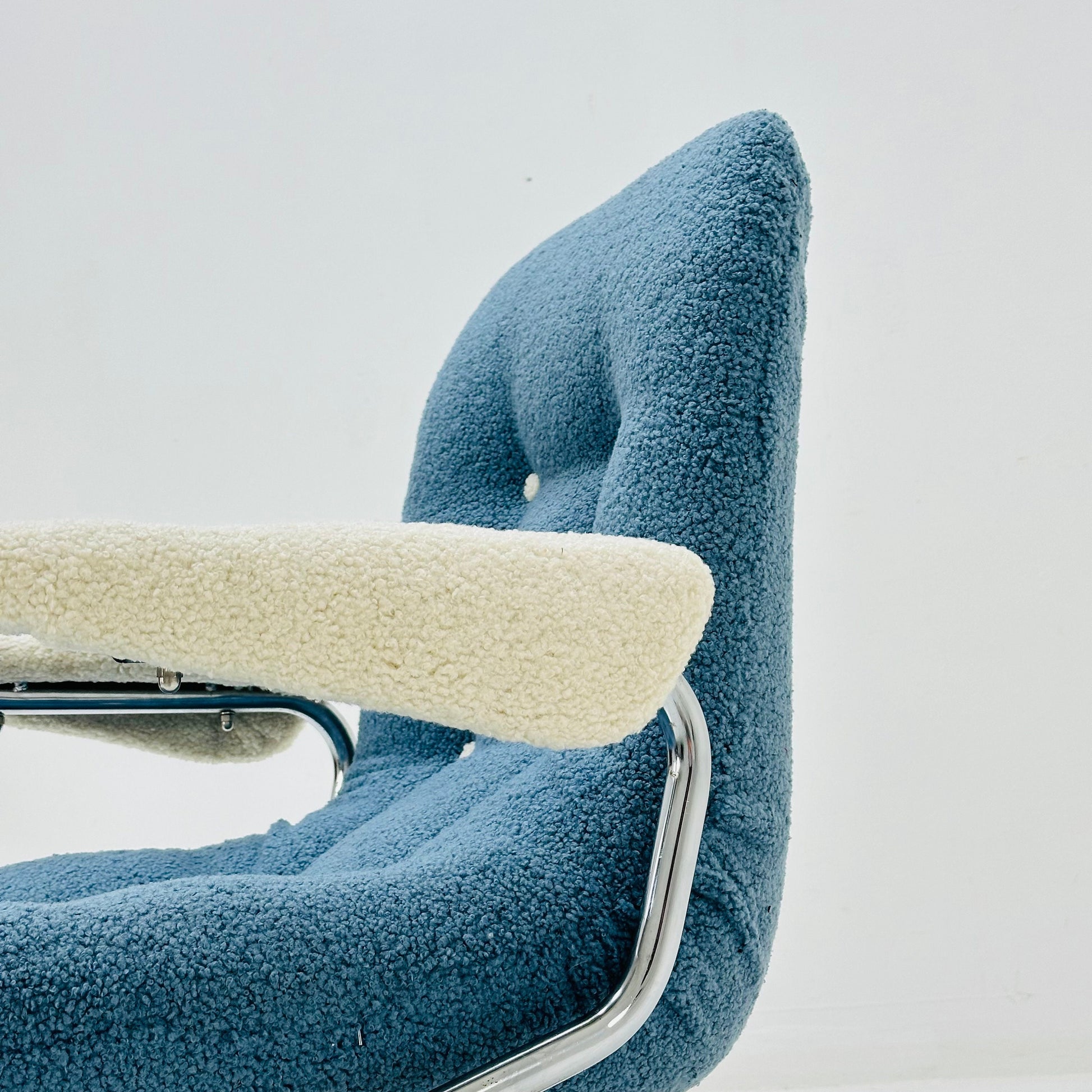 Mid century swivel desk chair with blue &white teddy fabric 1970s