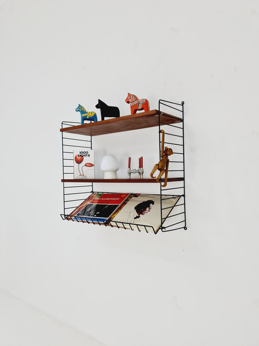 Original MCM Teak shelving system - consists of black lacquered metal ladders, from string Stockholm 1960s