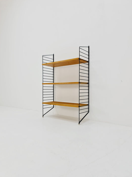 Original MCM Ash wood shelving system - consists of black lacquered metal ladders, from string Stockholm 1960s