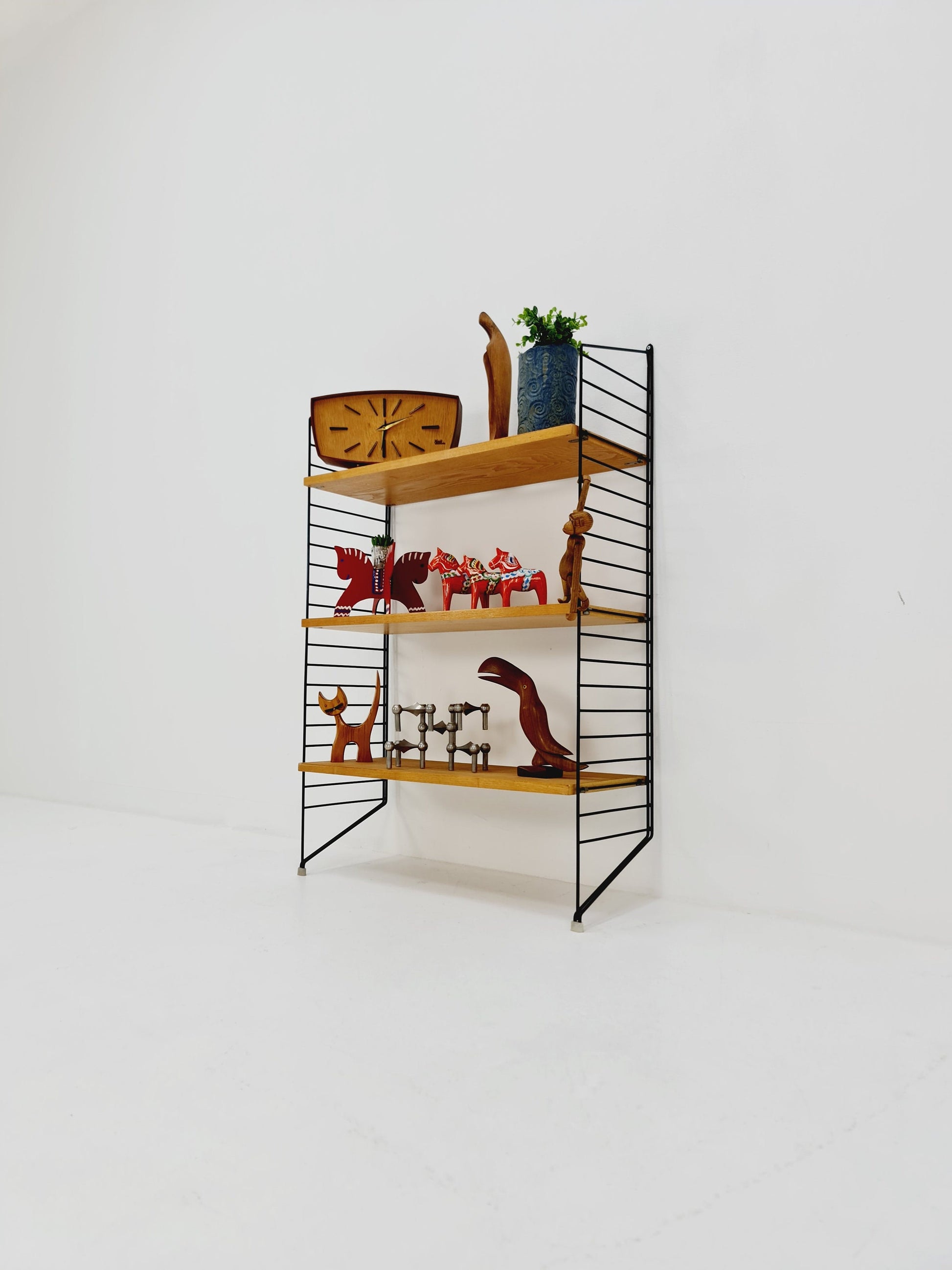 Original MCM Ash wood shelving system - consists of black lacquered metal ladders, from string Stockholm 1960s