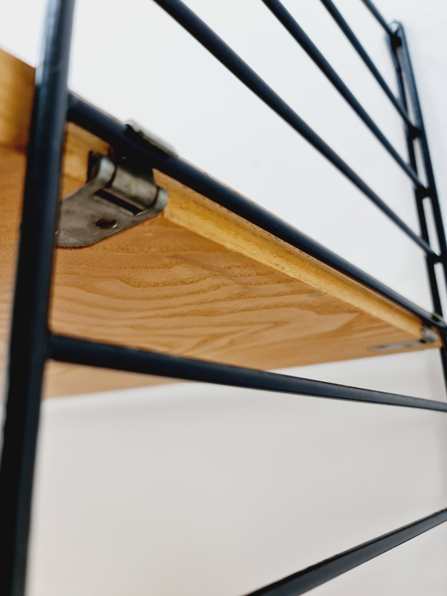 Original MCM Ash wood shelving system - consists of black lacquered metal ladders, from string Stockholm 1960s