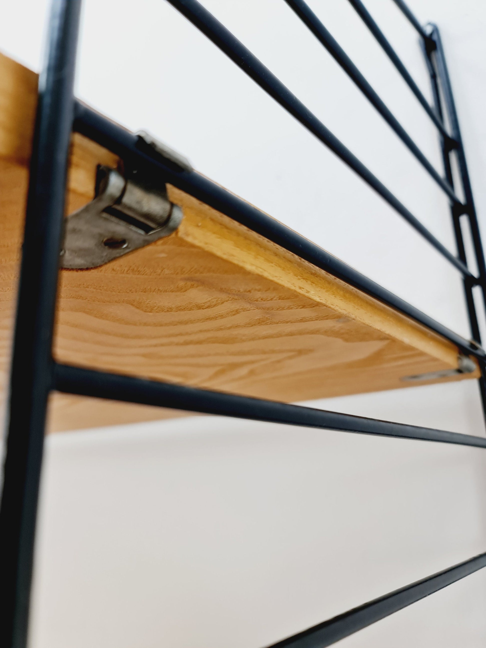 Original MCM Ash wood shelving system - consists of black lacquered metal ladders, from string Stockholm 1960s