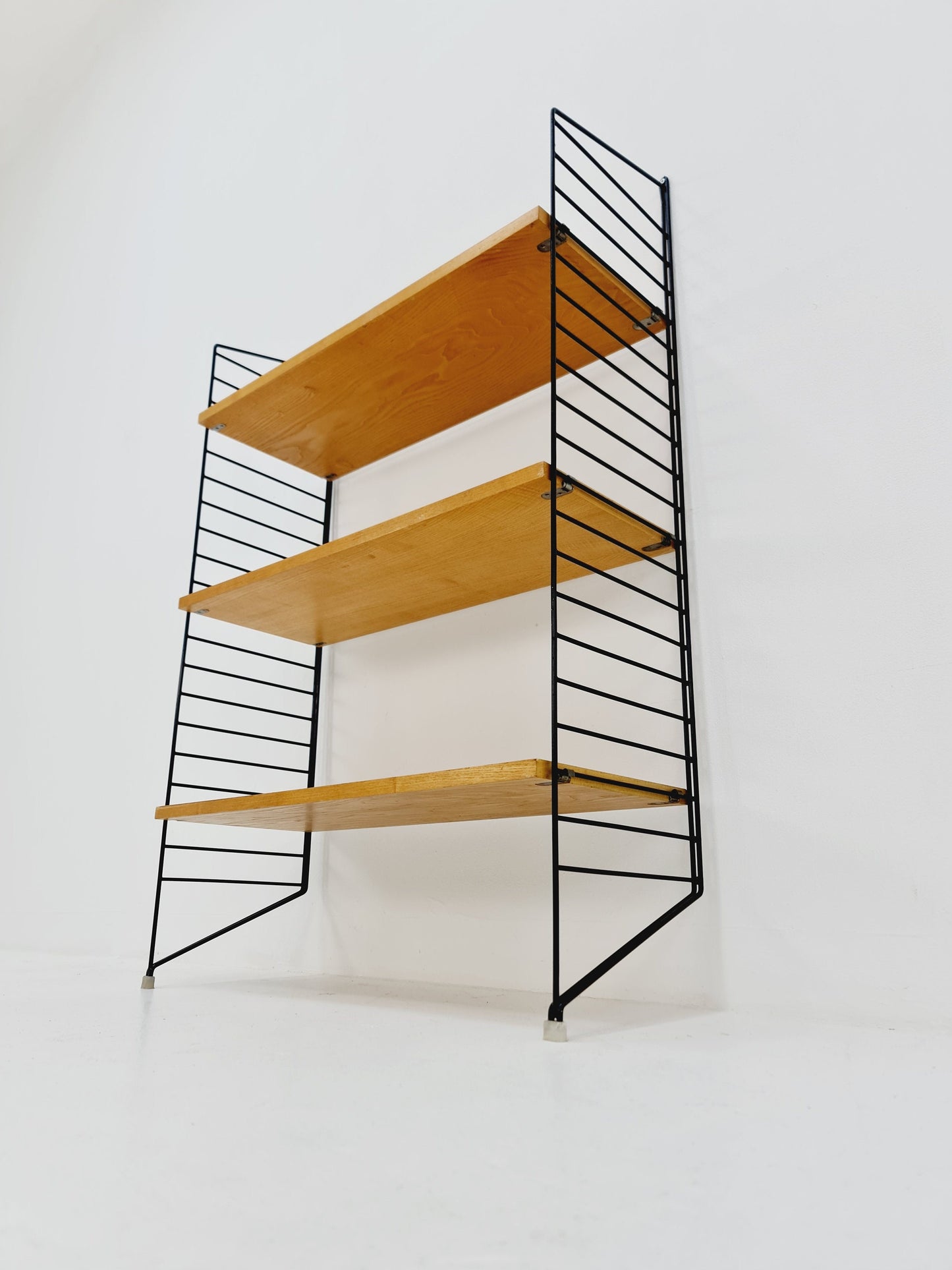 Original MCM Ash wood shelving system - consists of black lacquered metal ladders, from string Stockholm 1960s