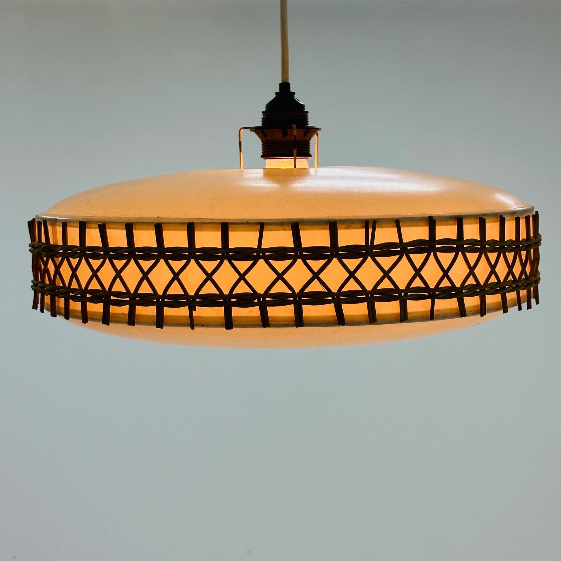 Mid century Round Plastic and Wicker pendant Lamp, Germany, 1960s