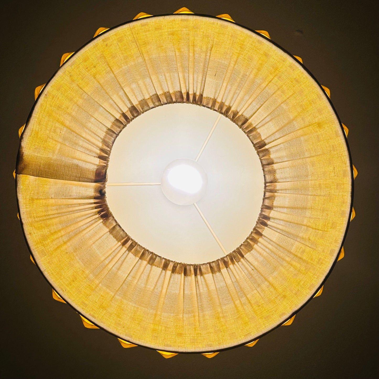 Rare Space age yellow plastic pendant lamp with fabric details 1970s