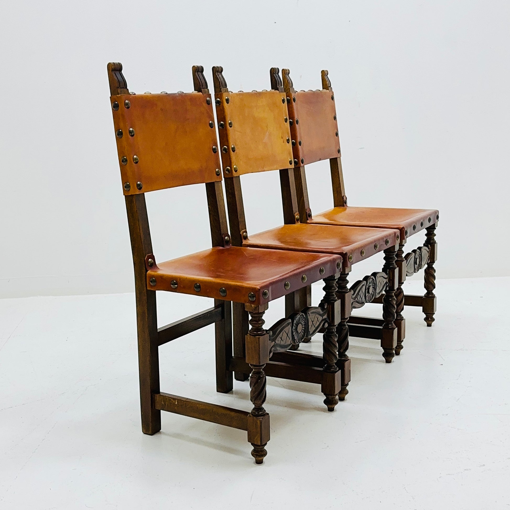 1 of 3 Antique Swedish Folk Art Farm Country Dining Chairs In Pine And Tan Leather 1890s
