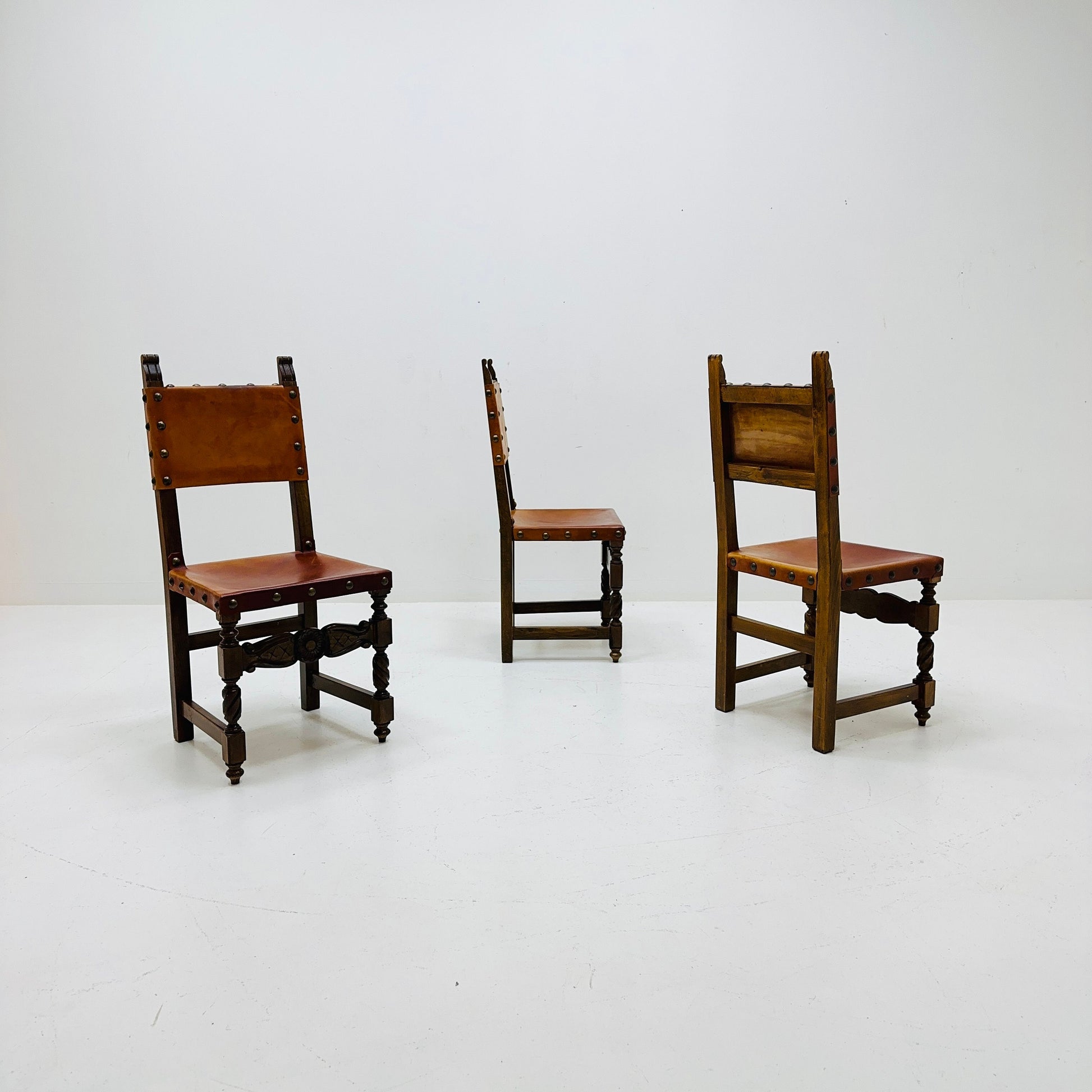 1 of 3 Antique Swedish Folk Art Farm Country Dining Chairs In Pine And Tan Leather 1890s