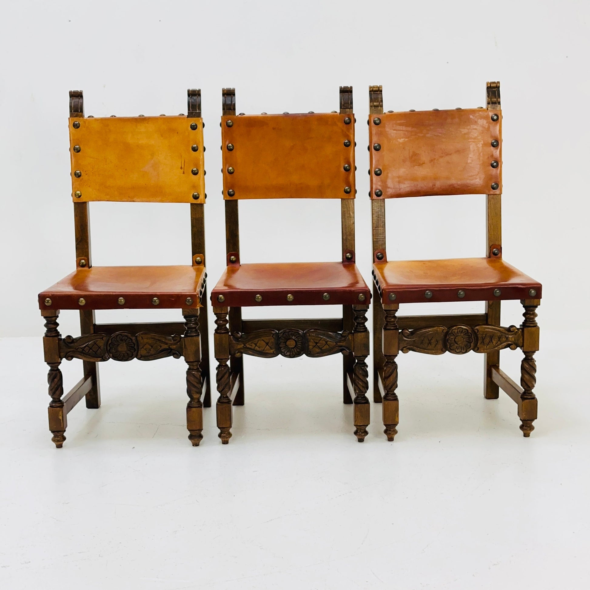 1 of 3 Antique Swedish Folk Art Farm Country Dining Chairs In Pine And Tan Leather 1890s