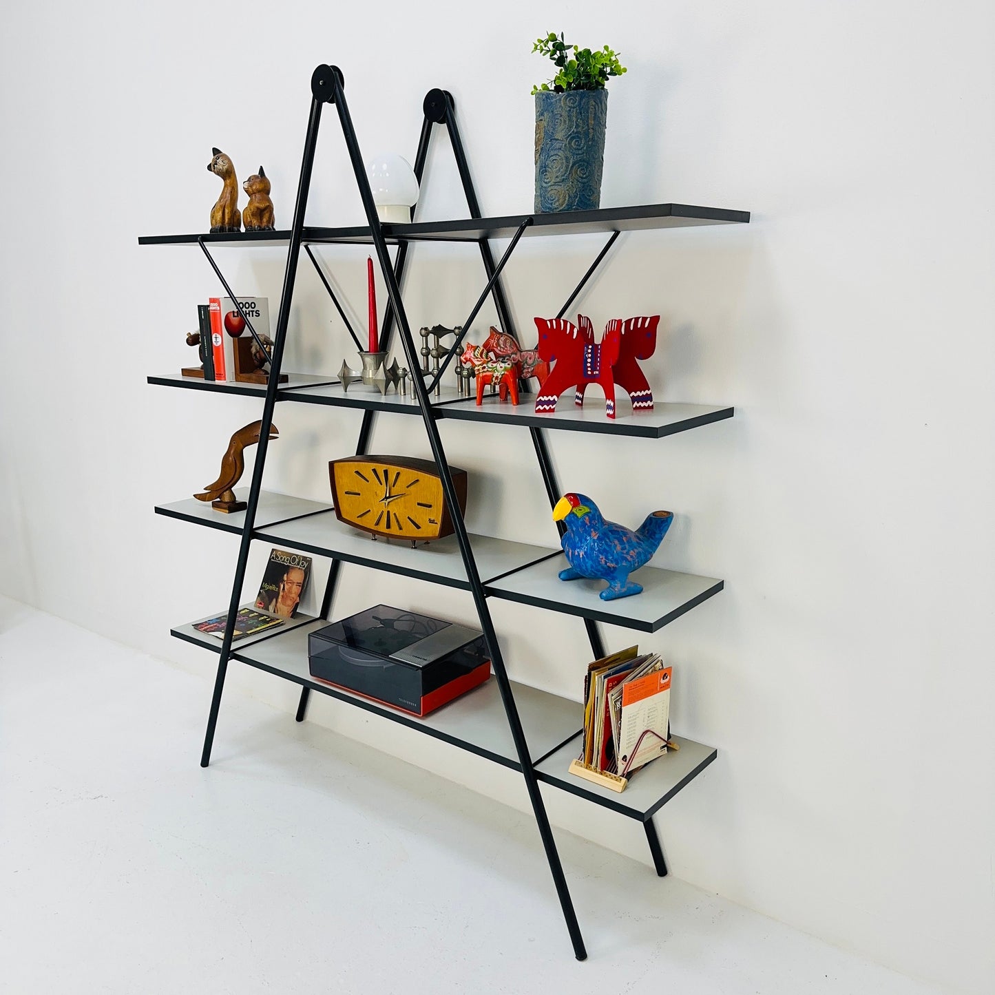 Bauhaus mid century triangle metal & wood shelf /book shelf system 1970s