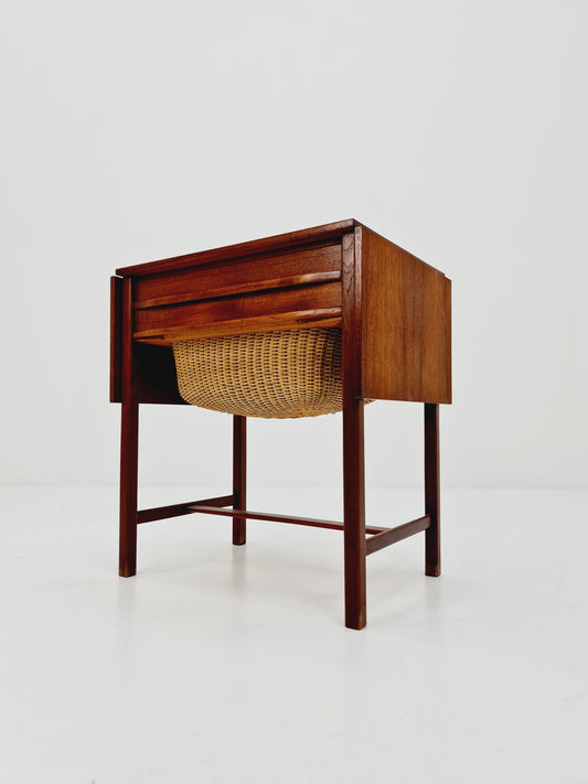 Vintage Danish teak and rattan sewing table/ side table cabinet, 1960s