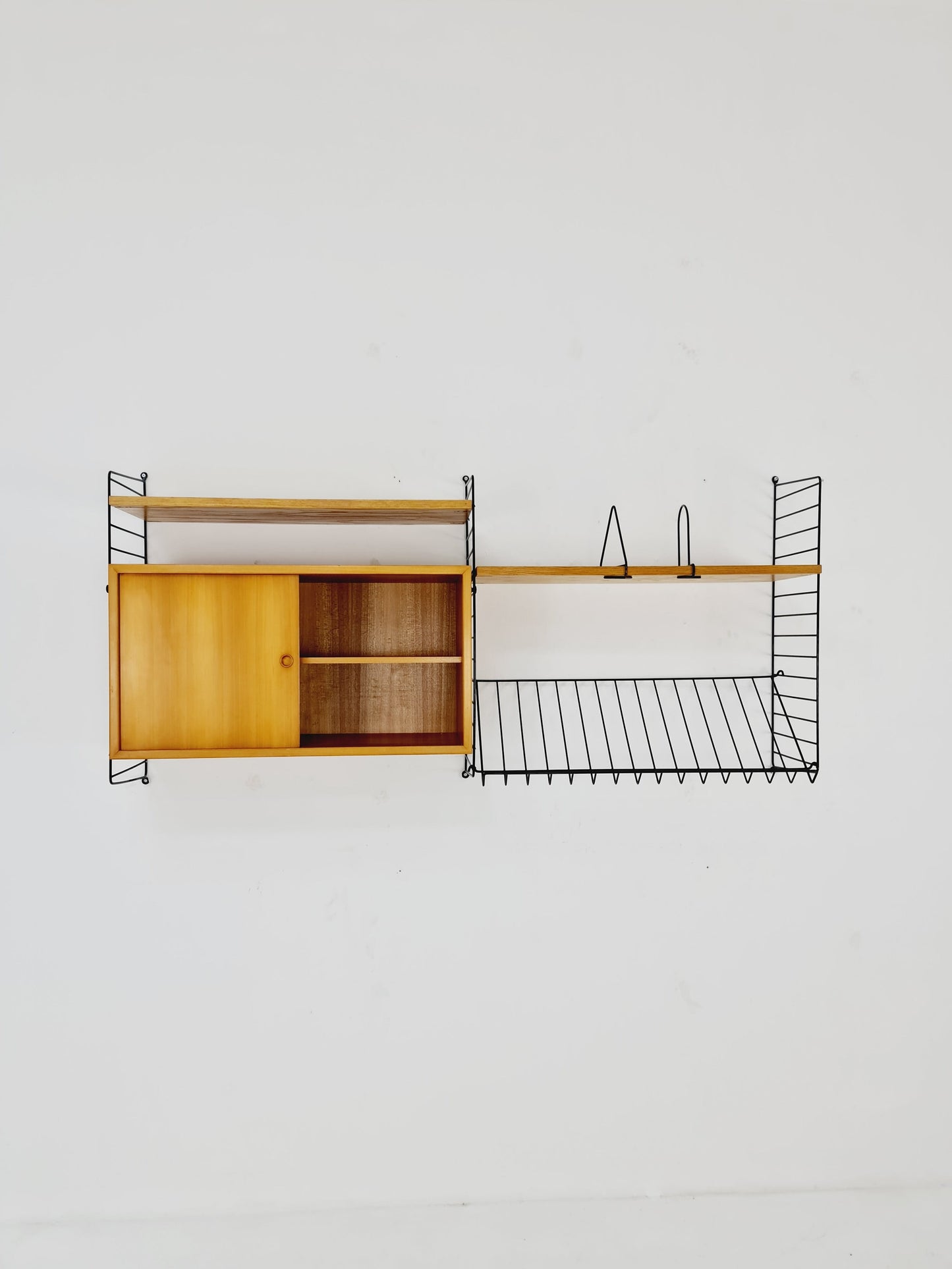 Wall-mounted original Swedish string shelf-system, drawers, bookcase teak by Nils & Kajsa Strinning, 1960s