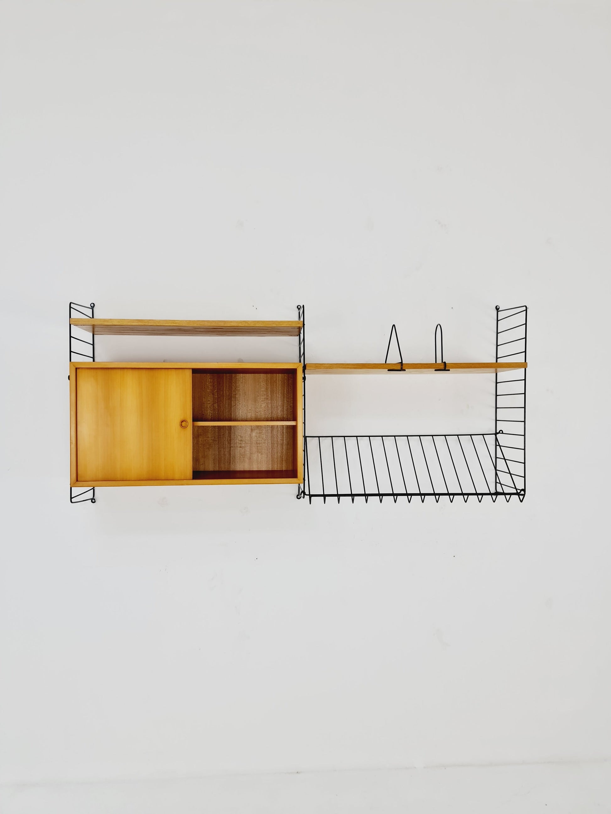 Wall-mounted original Swedish string shelf-system, drawers, bookcase teak by Nils & Kajsa Strinning, 1960s