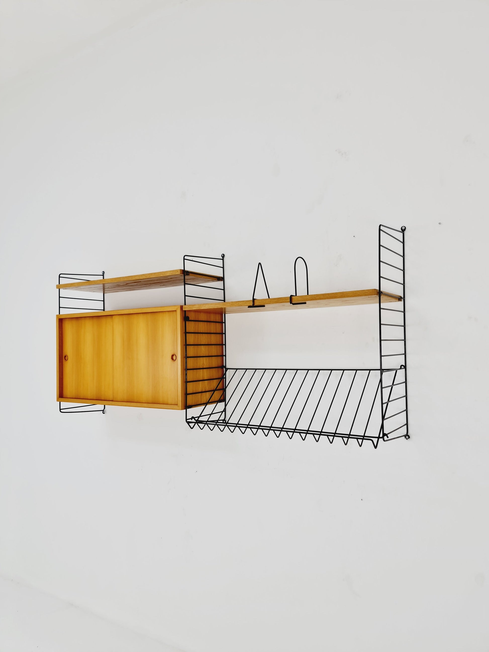 Wall-mounted original Swedish string shelf-system, drawers, bookcase teak by Nils & Kajsa Strinning, 1960s