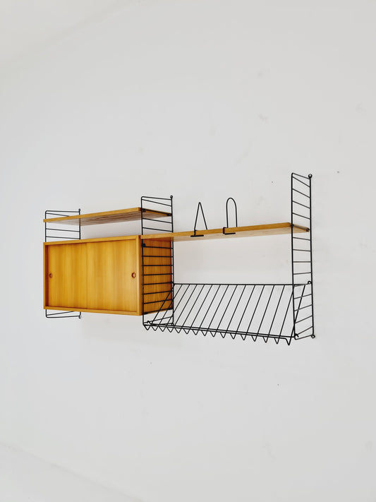 Wall-mounted original Swedish string shelf-system, drawers, bookcase teak by Nils & Kajsa Strinning, 1960s