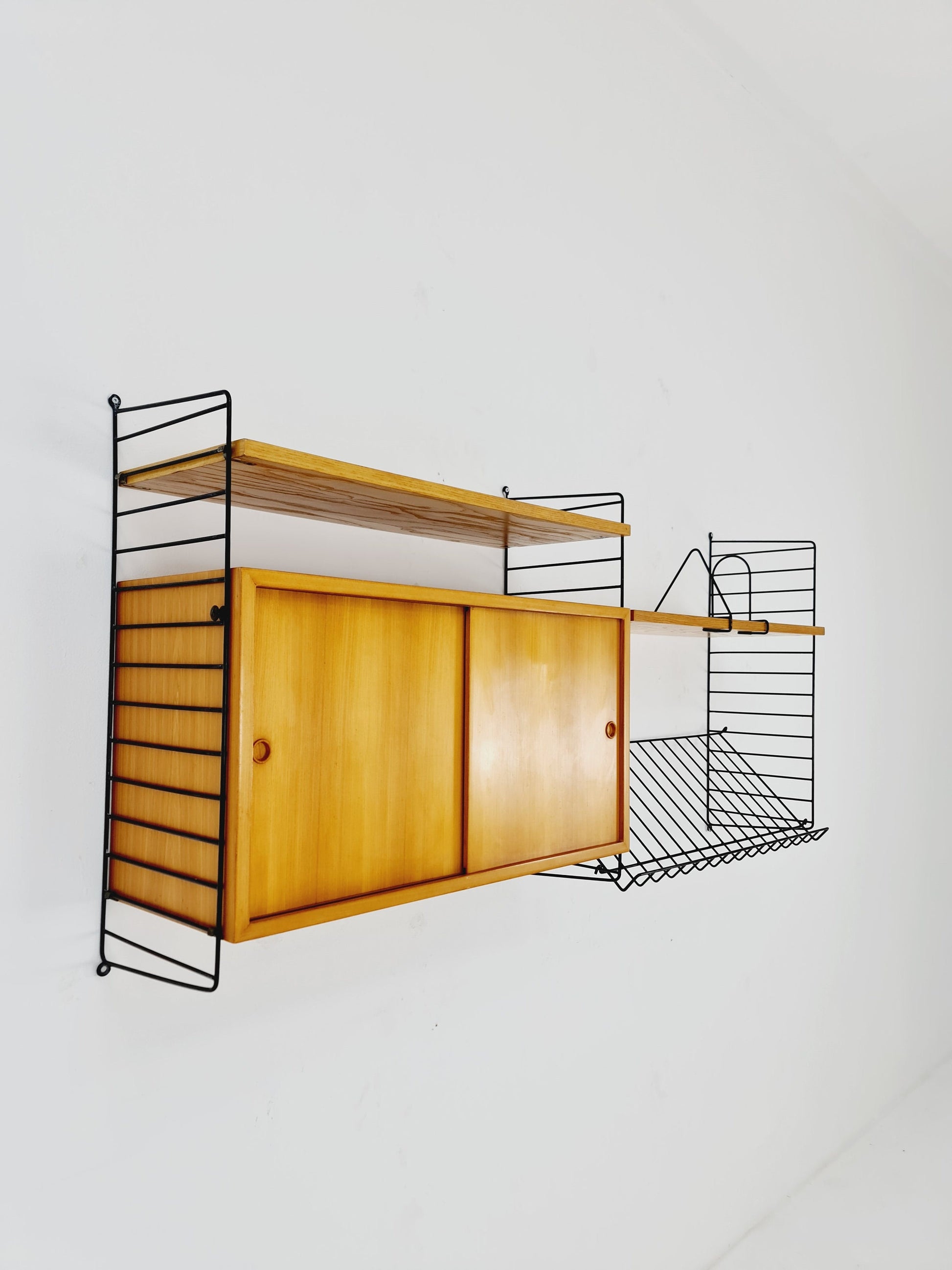 Wall-mounted original Swedish string shelf-system, drawers, bookcase teak by Nils & Kajsa Strinning, 1960s
