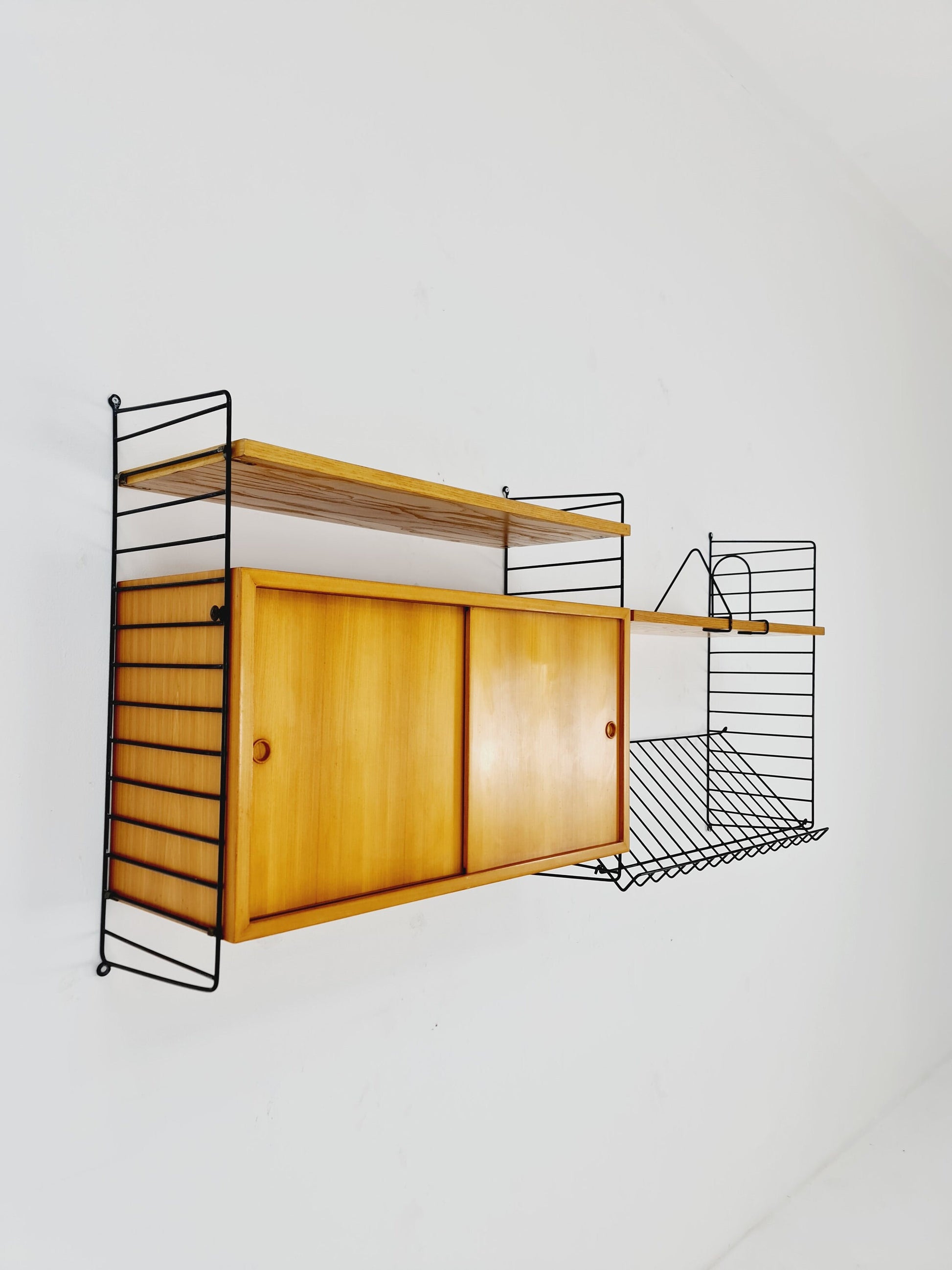 Wall-mounted original Swedish string shelf-system, drawers, bookcase teak by Nils & Kajsa Strinning, 1960s