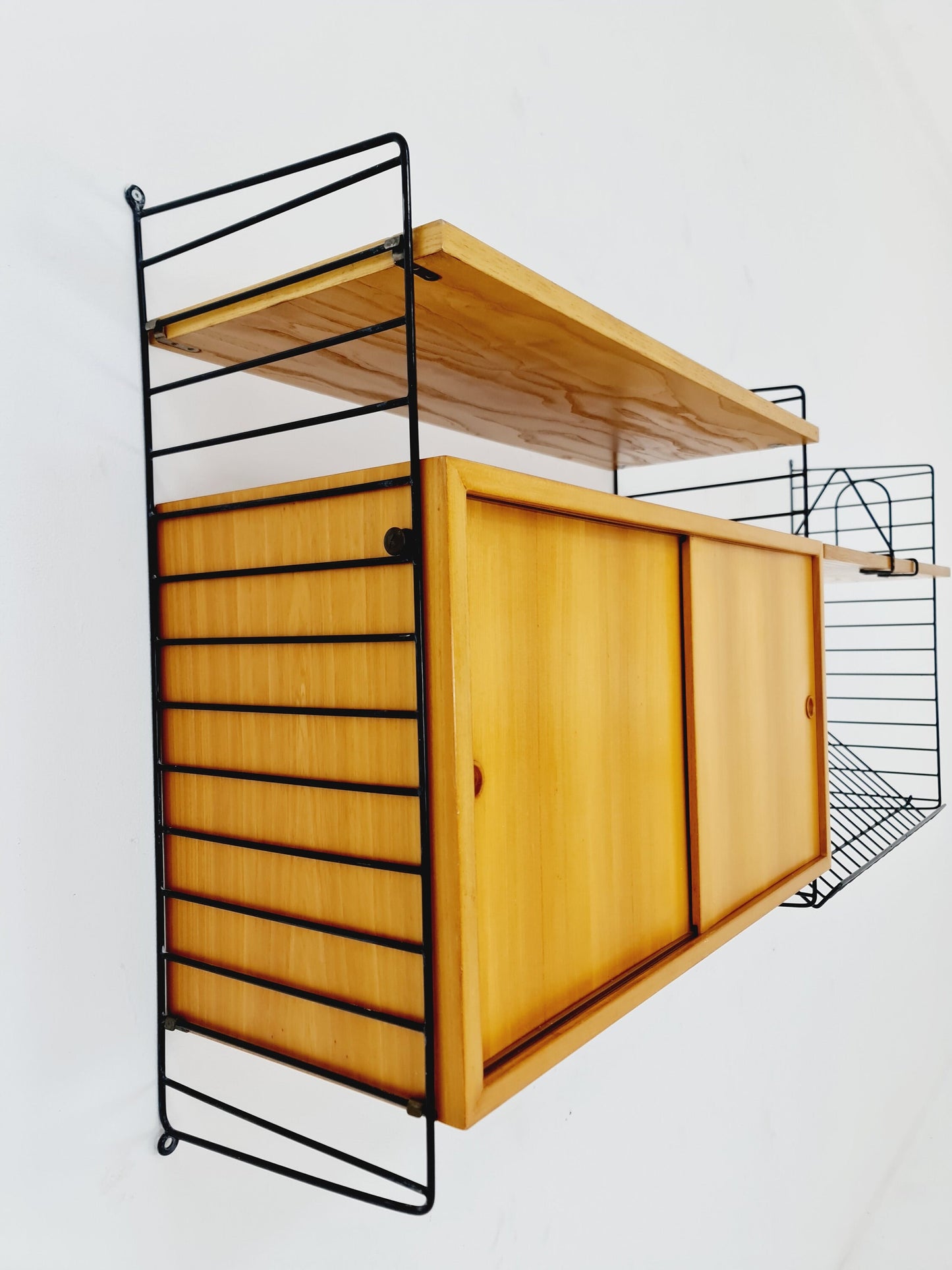 Wall-mounted original Swedish string shelf-system, drawers, bookcase teak by Nils & Kajsa Strinning, 1960s