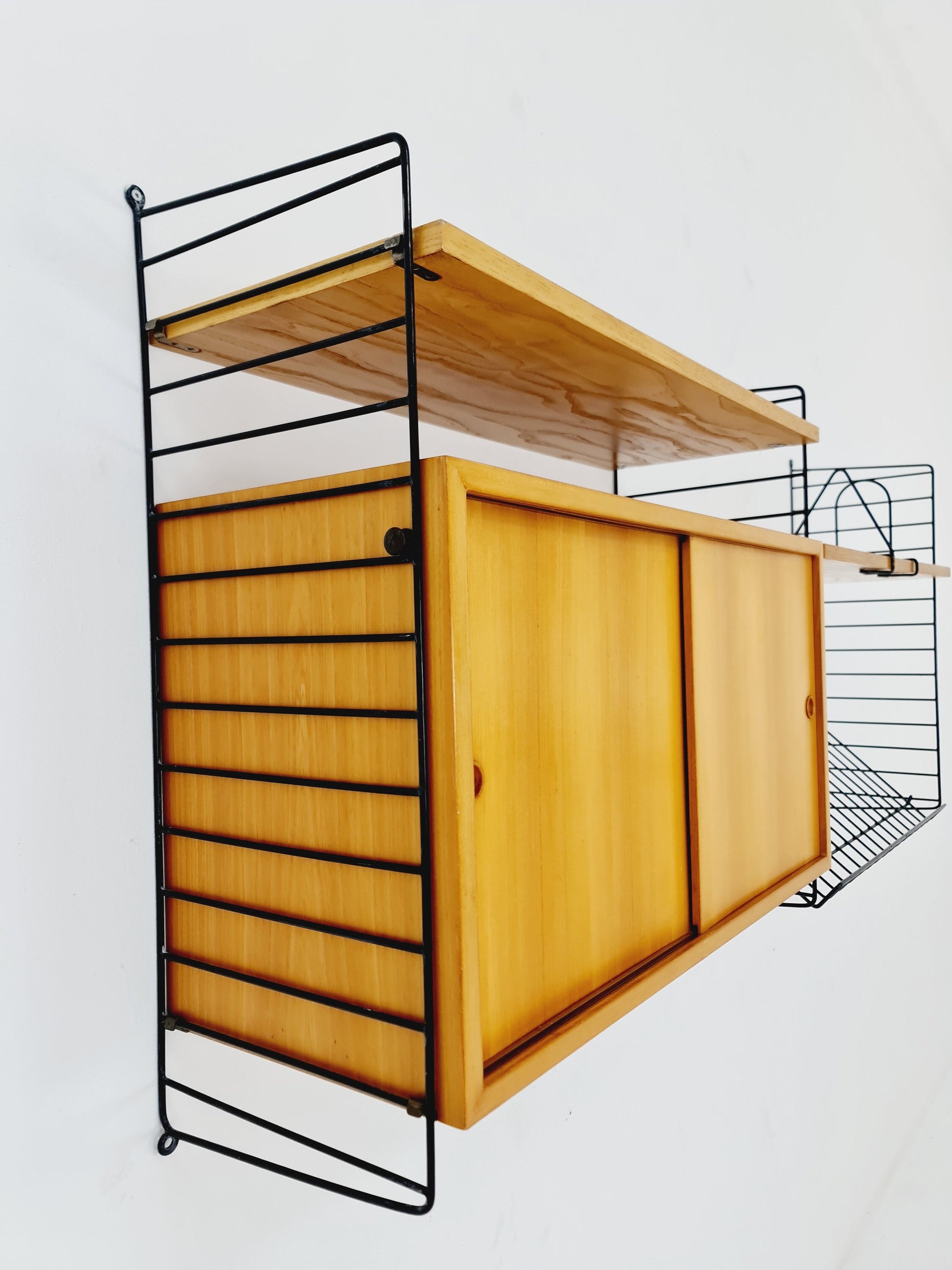 Wall-mounted original Swedish string shelf-system, drawers, bookcase teak by Nils & Kajsa Strinning, 1960s