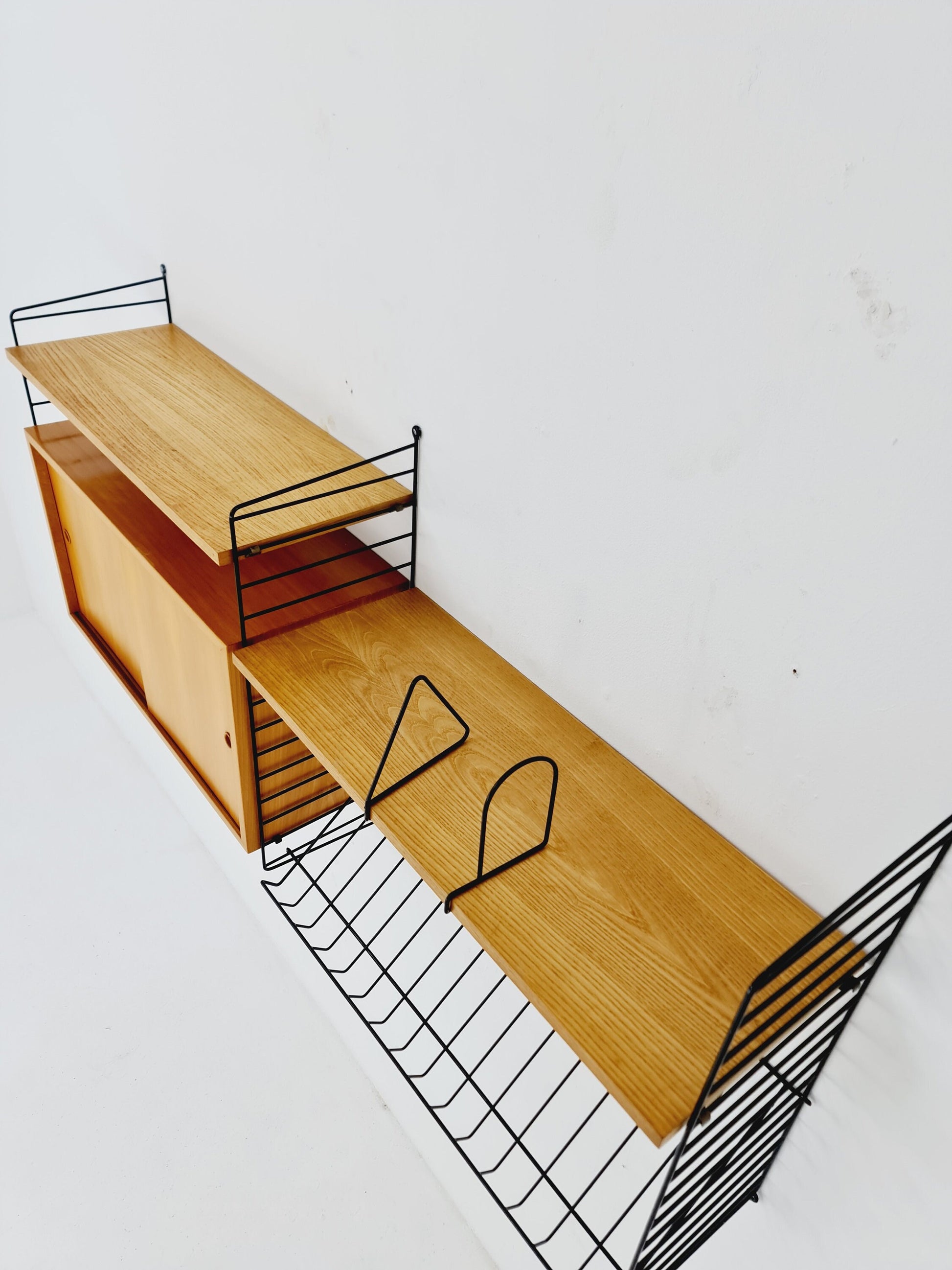 Wall-mounted original Swedish string shelf-system, drawers, bookcase teak by Nils & Kajsa Strinning, 1960s