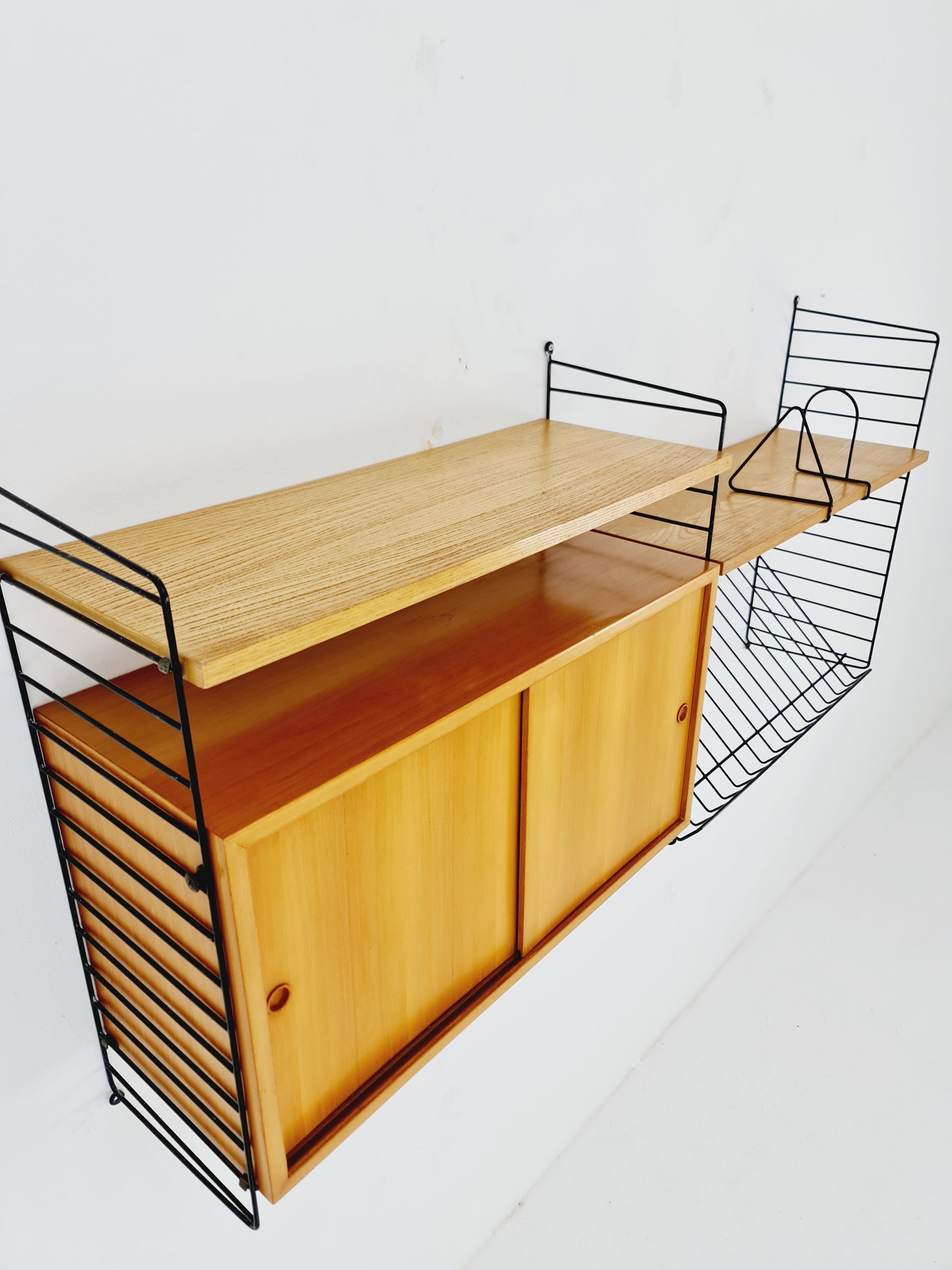 Wall-mounted original Swedish string shelf-system, drawers, bookcase teak by Nils & Kajsa Strinning, 1960s