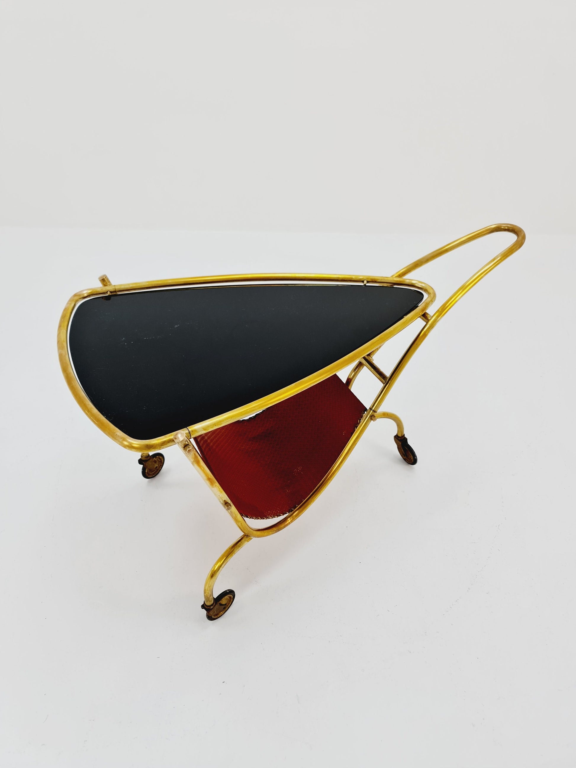 Vintage German mid century trolley bar cart in Brass with Magazine rack 1950s
