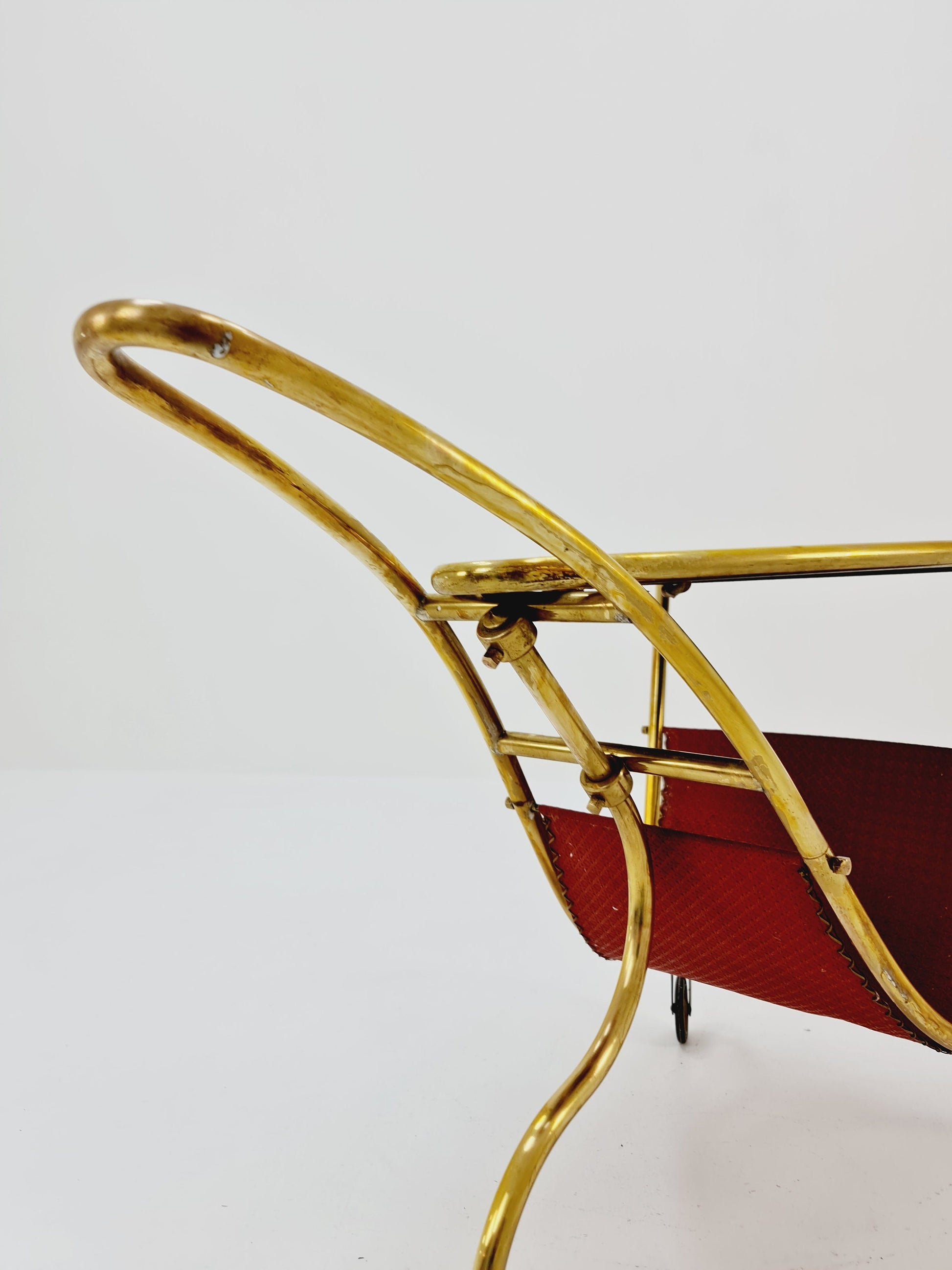 Vintage German mid century trolley bar cart in Brass with Magazine rack 1950s