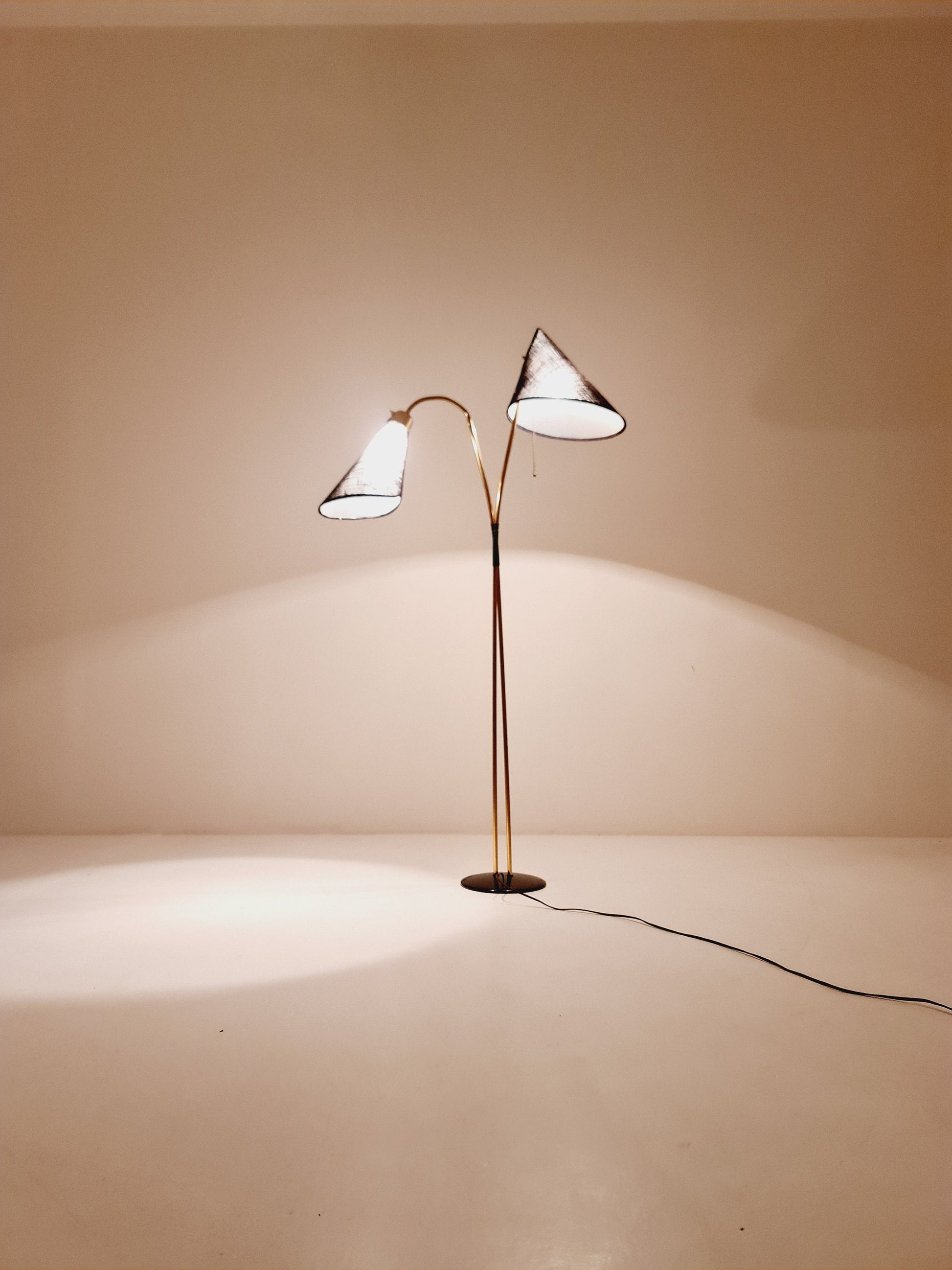German Modern three flex arms brass floor lamp, tütenlampe, 1950s