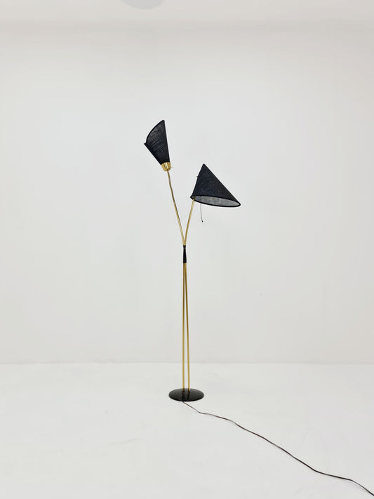 German Modern three flex arms brass floor lamp, tütenlampe, 1950s