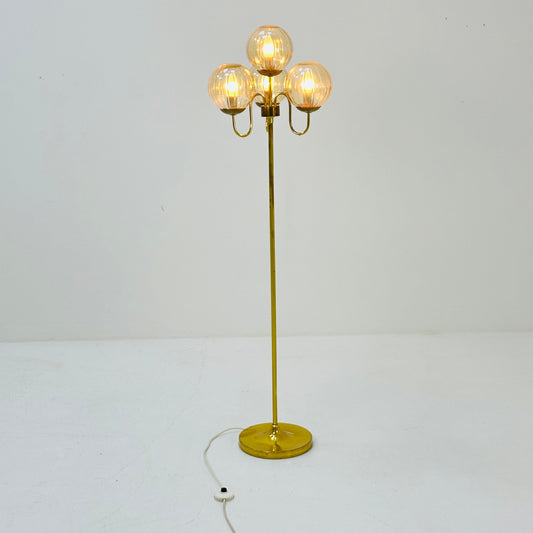Mid century Hollywood Regency brass floor lamp with 4 brown glass globes 1960s, Italy