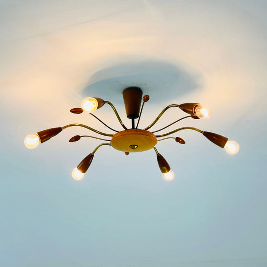 Large mid-century brass 6-arms sputnik chandelier, 1960s Germany