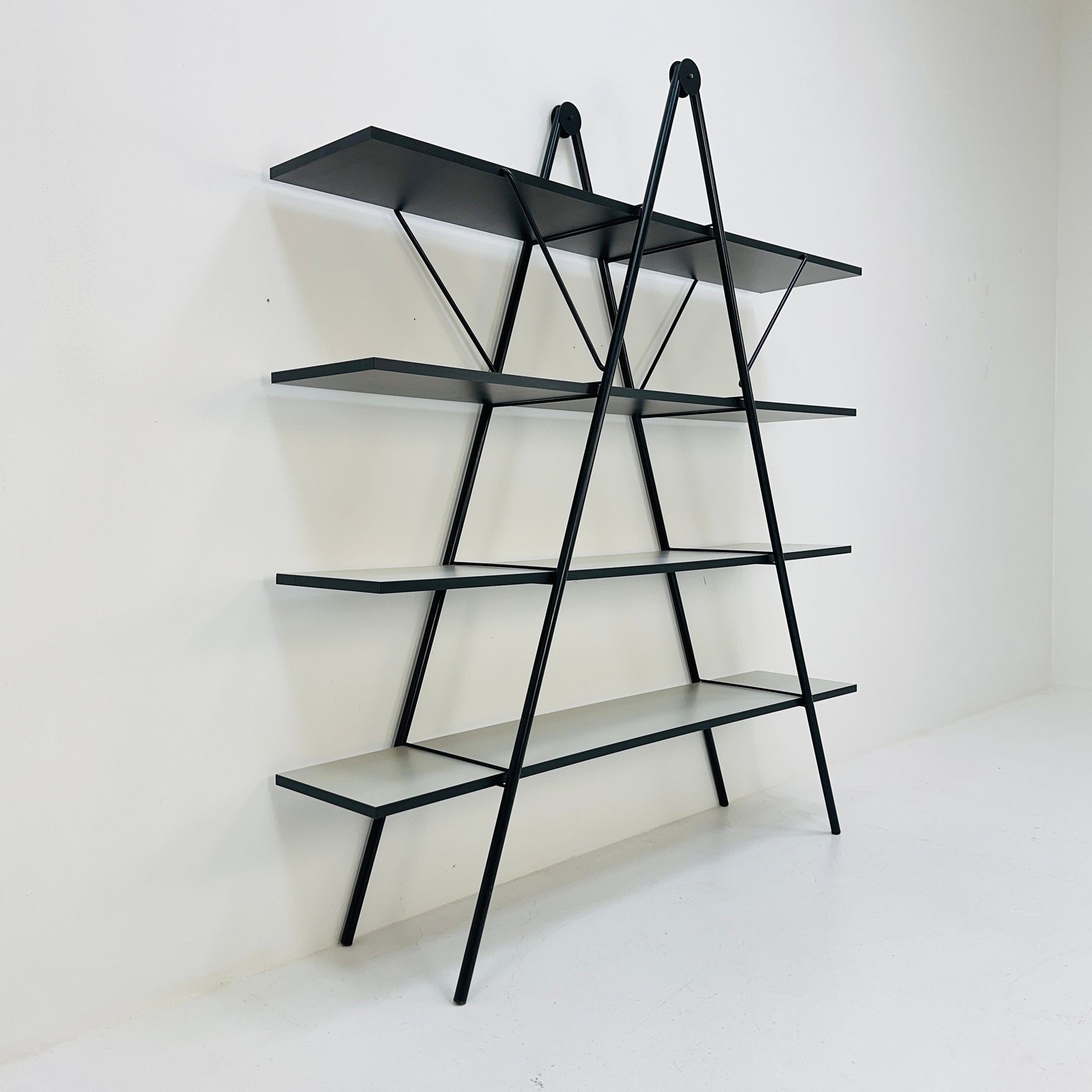 Bauhaus mid century triangle metal & wood shelf /book shelf system 1970s