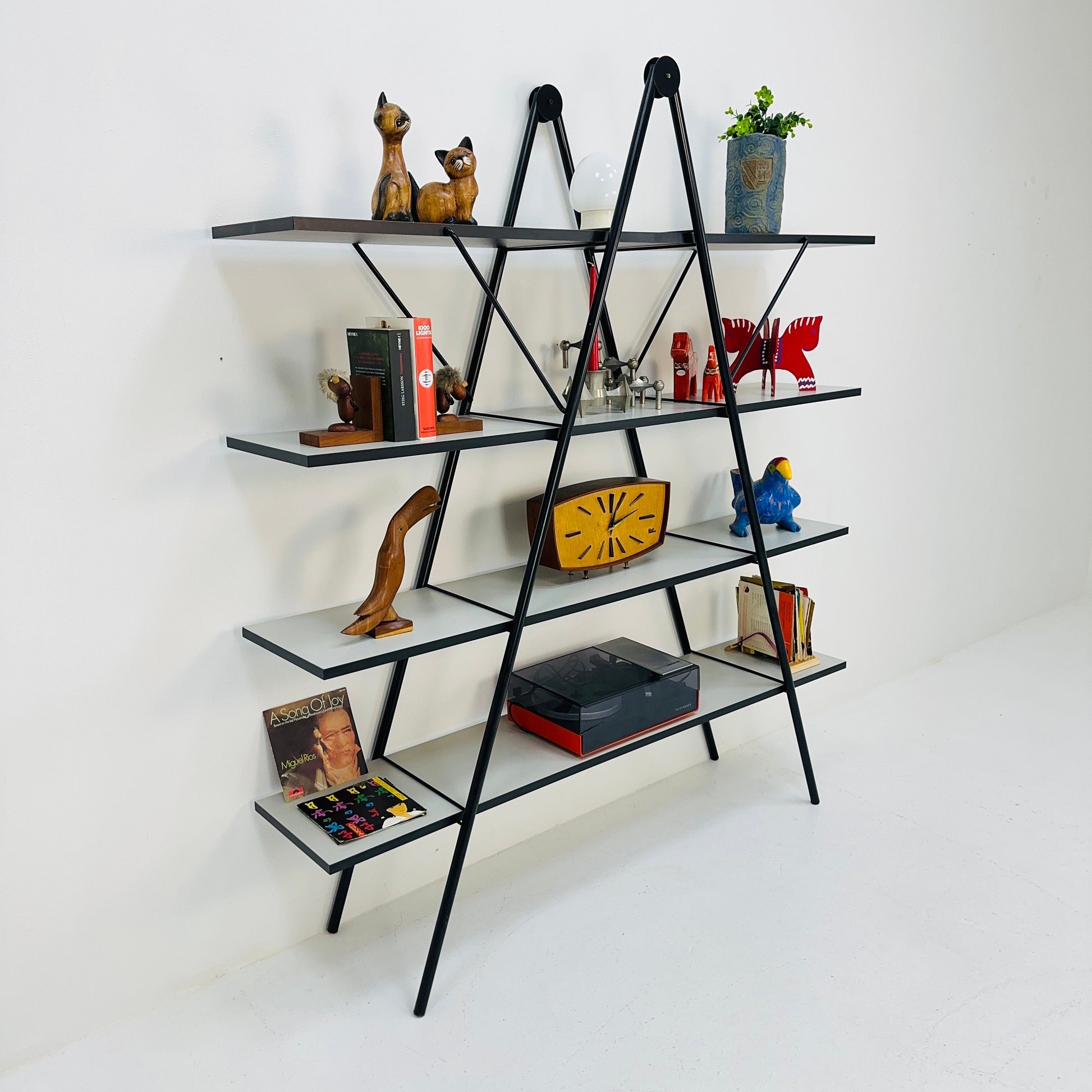 Bauhaus mid century triangle metal & wood shelf /book shelf system 1970s