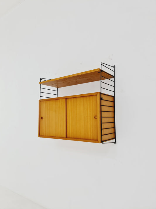 Wall-mounted original Swedish string shelf-system, , bookcase teak by Nils & Kajsa Strinning, 1960s
