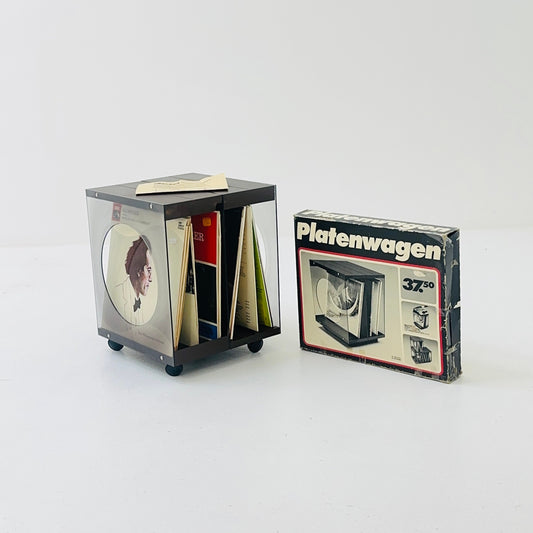 mid century record container, vinyl record shelf, record stand, LP shelf on wheels, phono trolley, by Dietel west Germany 1970a unused box