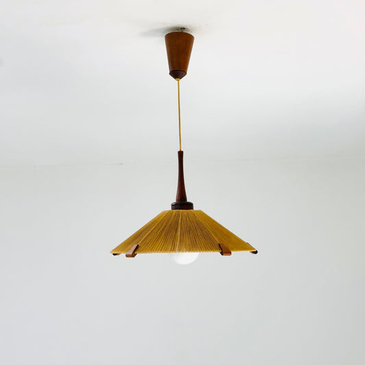 Mid-Century Modern raffia bast and teak pendant lamp by Temde Denmark, 1960s