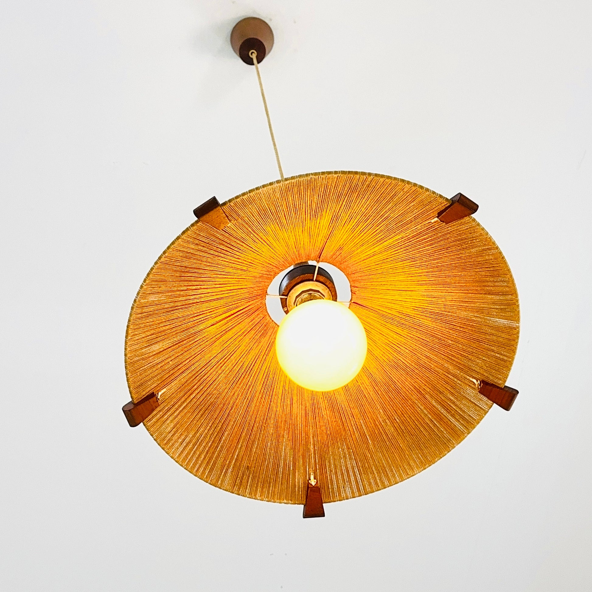 Mid-Century Modern raffia bast and teak pendant lamp by Temde Denmark, 1960s