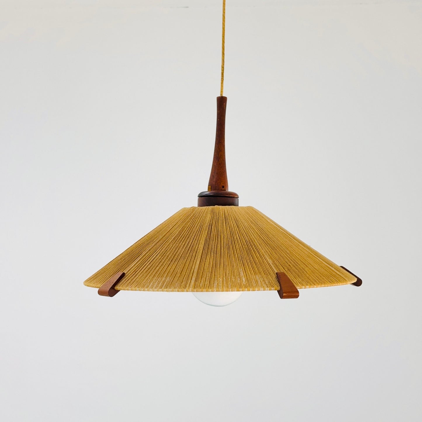 Mid-Century Modern raffia bast and teak pendant lamp by Temde Denmark, 1960s