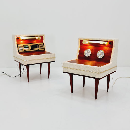 Super Rare Space Age German Teddy & Mahogany side tables/ Bedside tables/ Nightstands By Rofu Möbel 1970s, set of 2