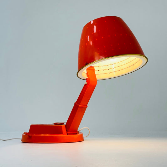 Prop space age orange plastic table lamp in hair dryer style portable by Calor France 1960s