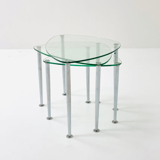 Set of 3 Italian Mid-Century Chrome and Glass Nesting Tables,1980s
