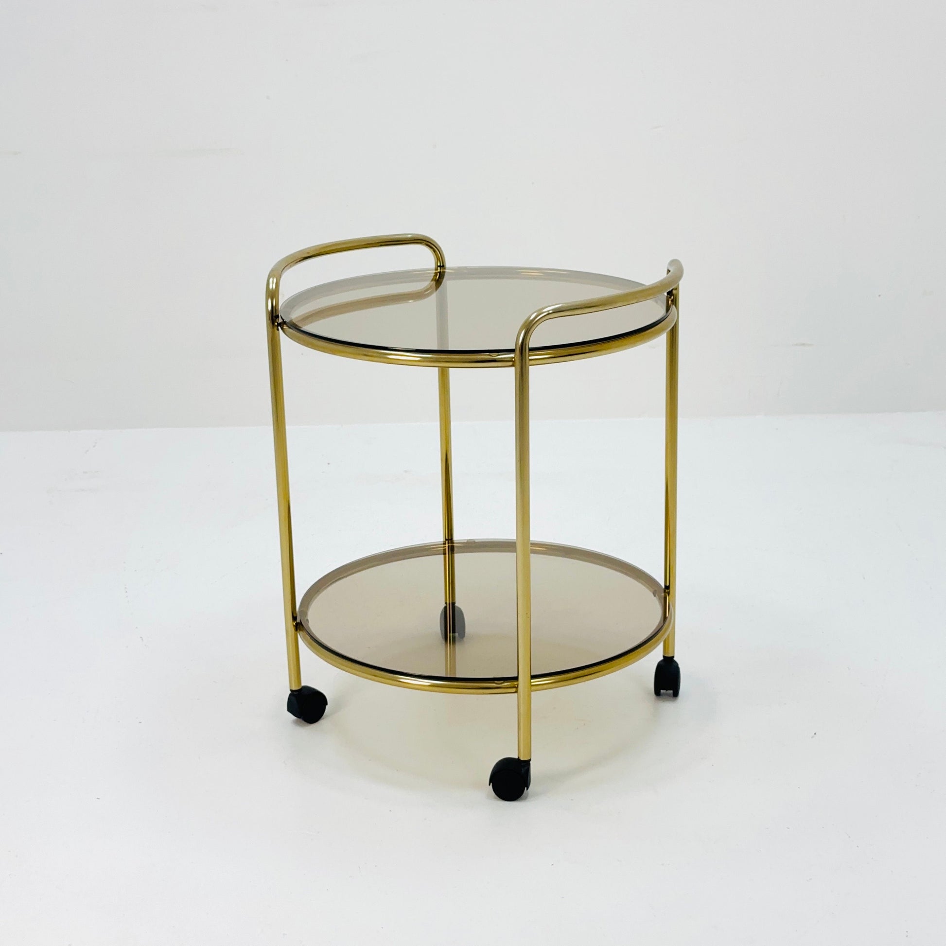 Mid Century Modern Bar/ Tea Cart Gold/Brass smoked Glass France 1970s .