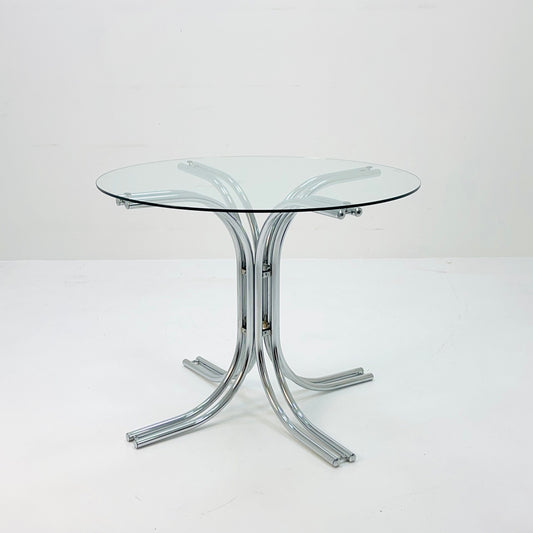 Mid century glass and chrome round dining table, Italy 1980s