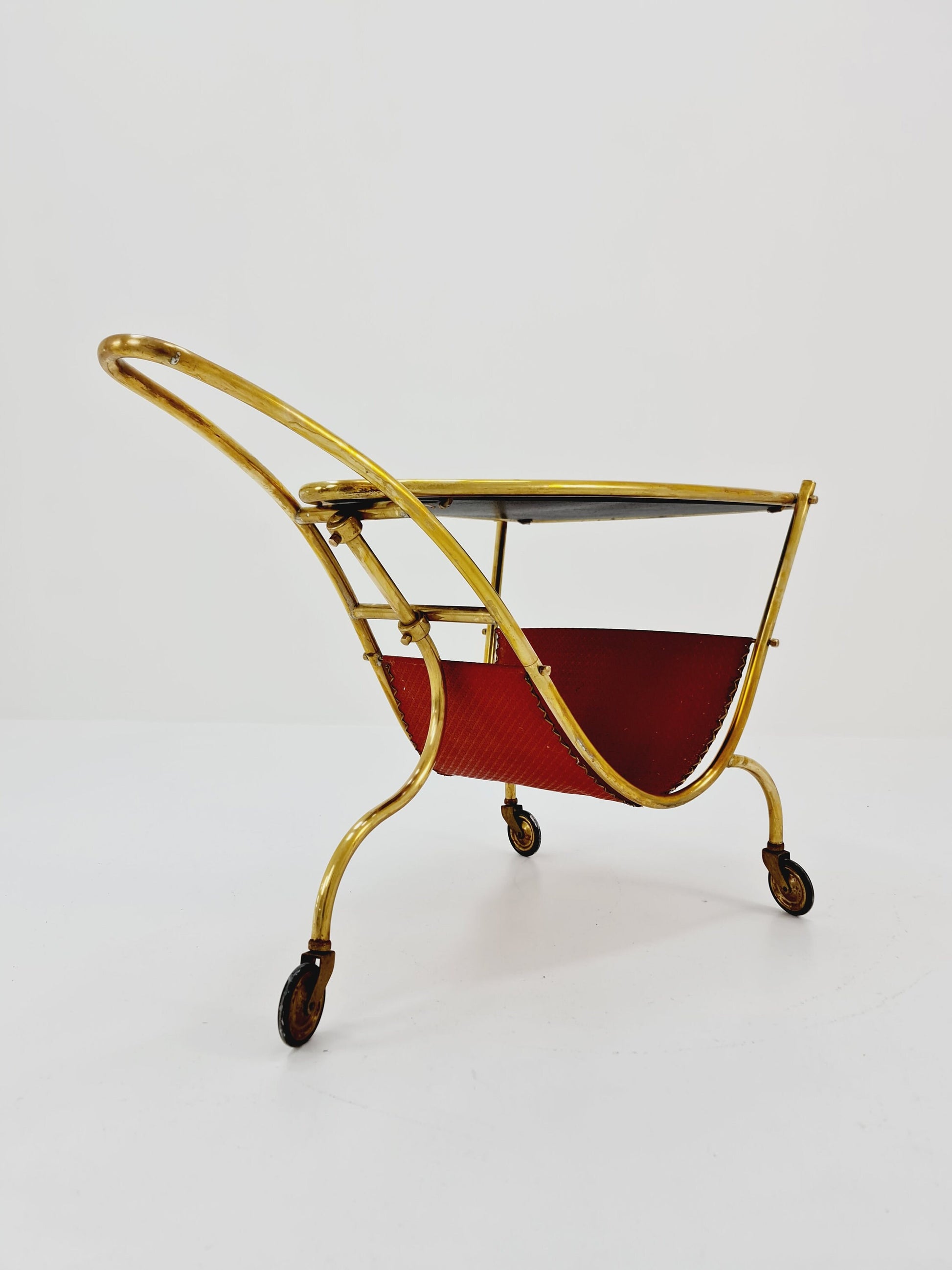 Vintage German mid century trolley bar cart in Brass with Magazine rack 1950s