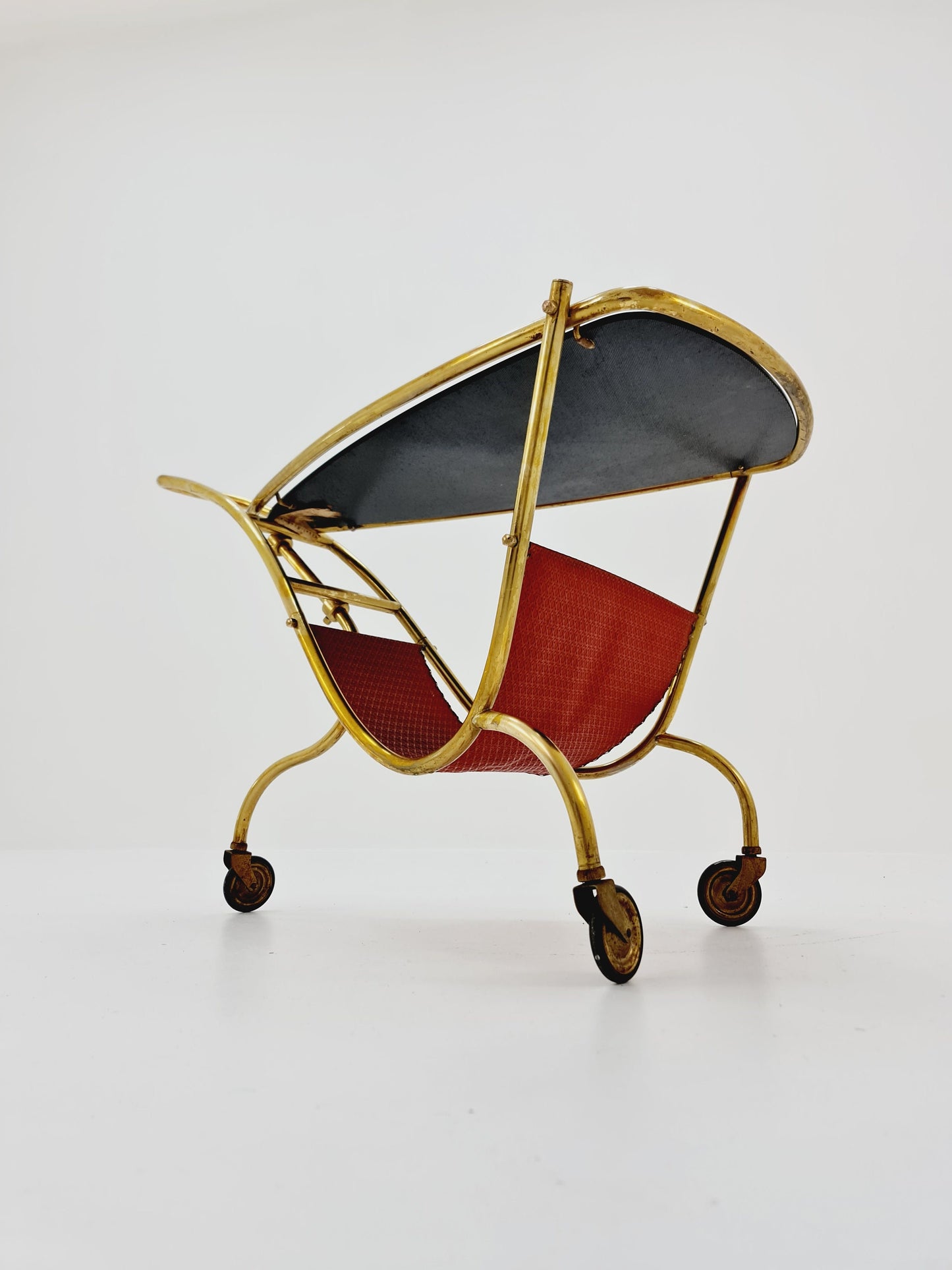 Vintage German mid century trolley bar cart in Brass with Magazine rack 1950s